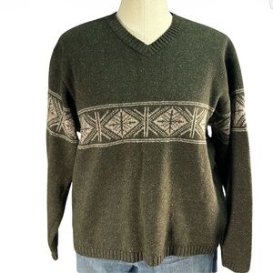 Eddie Bauer wool blend fair isle gray long sleeve v-neck pullover men's M